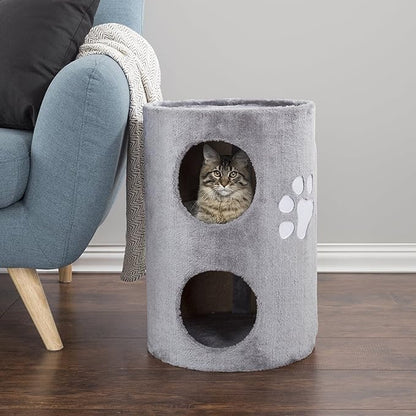 20.5-Inch Cat Condo - 2 Story Cat House with Sisal Scratch Pad, Barrel Shaped Pet House Covered in Soft Fabric by PETMAKER (Gray)