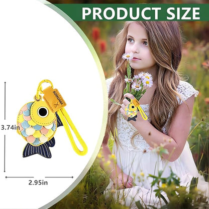 Leather Keychain Holder Case Compatible with AirTag,Cute Protective Cover with Keyring and Lanyard,Anti-Scratch Finder GPS Tracker Case for Wallet Keys,Bag,Pets,Backpack(Yellow Fish)