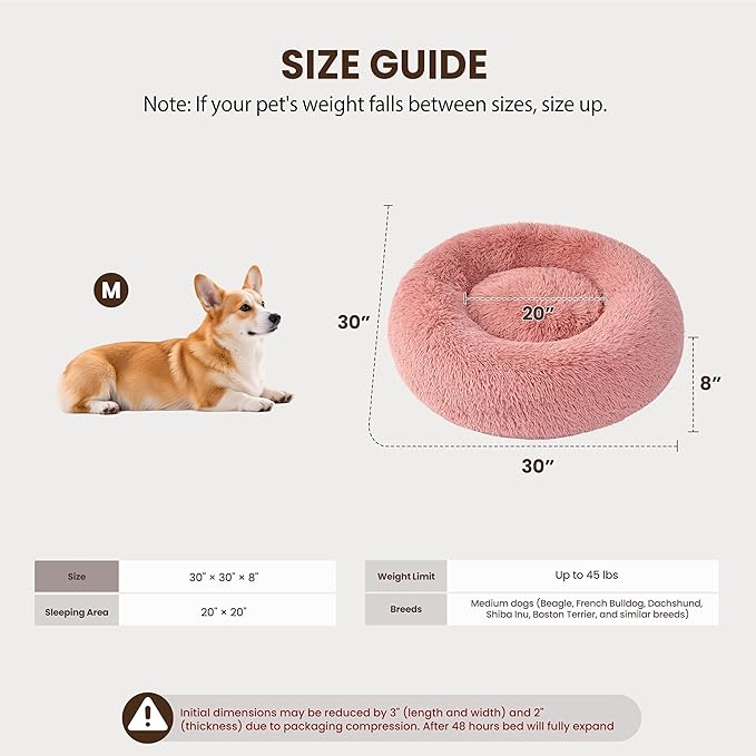 Donut Dog Bed Medium Size Dog, Round Cat Beds for Small Medium Dogs and Cats with Washable Fluffy Faux Fur, Cute Comfort Pet Bed with Anti-Slip Bottom, Pink, 30"