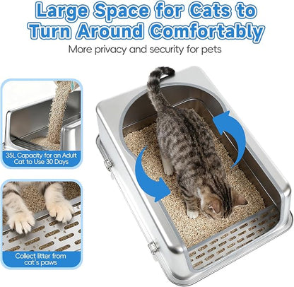 Stainless Steel Cat Litter Box XXL, 23.6" L x 15.7" W x 11.8" H Extra Large Semi Enclosed Removable Metal Litter Tray with High Sided Enclosure, Scoop, Anti-Leakage, Non-Sticky, Easy Cleaning