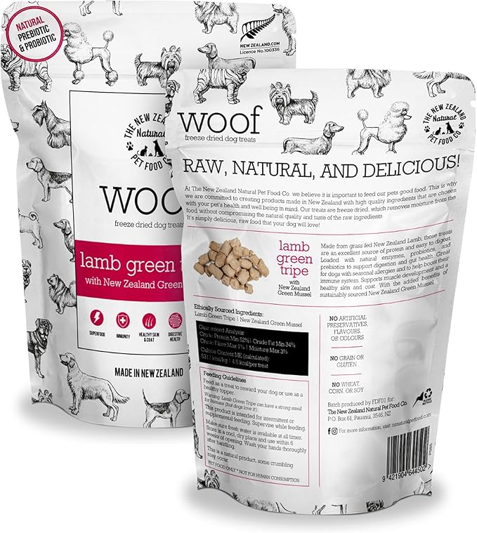 The New Zealand Natural Pet Food Co. WOOF Freeze Dried Dog Treats - Lamb Green Tripe, High Protein, Large & Small, Topper or Dog Treat - 1.4 oz