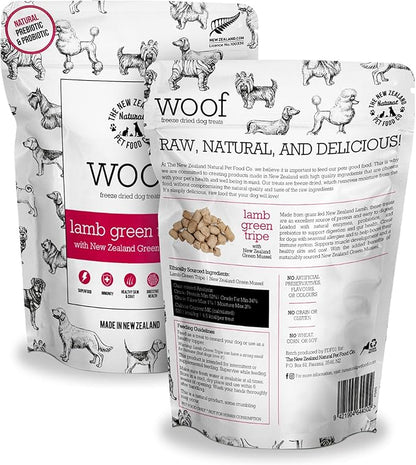 The New Zealand Natural Pet Food Co. WOOF Freeze Dried Dog Treats - Lamb Green Tripe, High Protein, Large & Small, Topper or Dog Treat - 1.4 oz