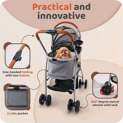 Pet Stroller for Small Medium Dogs & Cats – 2-in-1 Detachable Carrier, Zipperless Entry, Lightweight Folding Travel Stroller with Storage Basket, Cup Holder, Gray