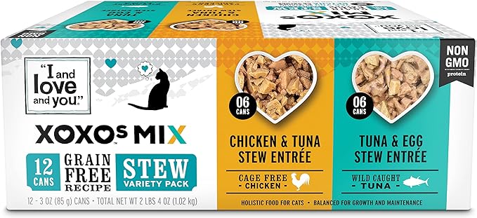 I AND LOVE AND YOU XOXOs Wet Cat Food - Chicken + Tuna Stew Variety Pack - Grain Free, Filler Free, 3oz Pack of 12 Cans