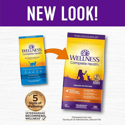 Wellness Complete Health Adult Dry Cat Food, Natural, Wholesome Grains Kibble, Chicken Recipe, 5 lb Bag