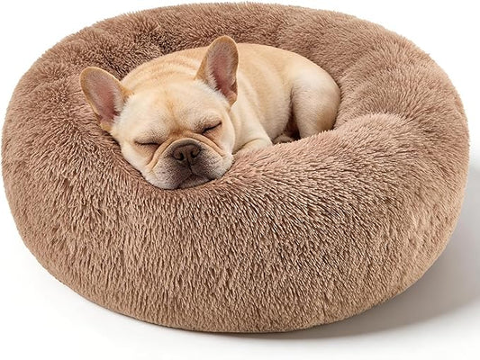 Dog Calming Beds for Small Medium Large Dogs - Round Donut Washable Puppy Dog Bed, Anti-Slip Faux Fur Fluffy Donut Cuddle Anxiety Cat Pet Bed(20'' Khaki