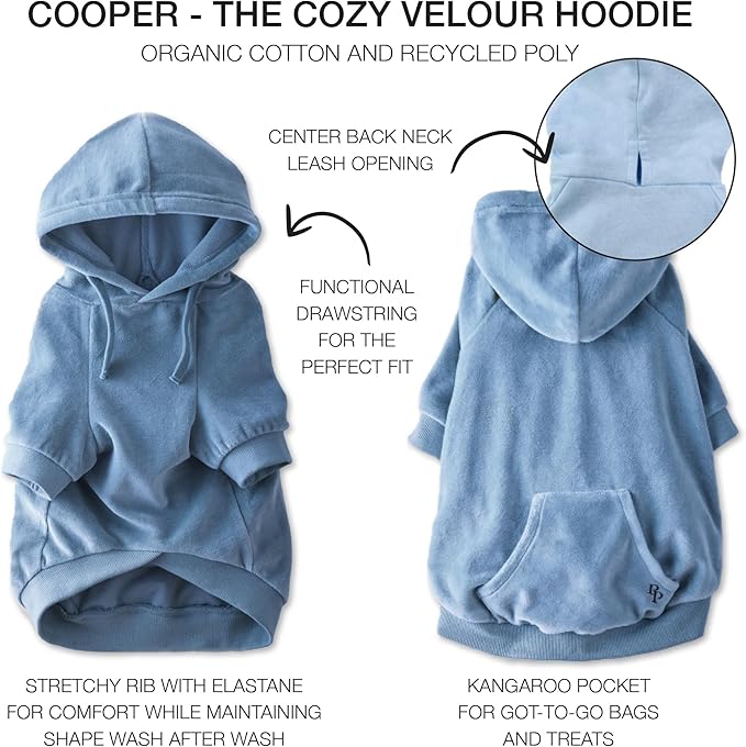 Pet Passion Cooper II Organic Cotton Velour Dog Hoodie Pet Coat for Small, Medium and Large Dogs, Faded Denim, X-Small (5-12 lbs)