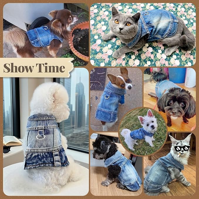 Cool Dog Jean Jacket Vest with D-Ring Blue Denim Dogs Outfits for Small Medium Dogs Cats Boy Male Dog Clothes Costume Dogggie Puppy Harness Coat for Frenchie Walking(Blue with D-Ring,XS)