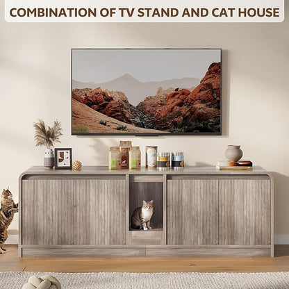 Cat Litter Box Enclosure with Litter Collector, 59'' Double Litter Box Enclosure for 2 Cats, Hidden Litter Box Furniture for Indoor Cats Large Adult, Cat House, Side Table, TV Stand, Grey