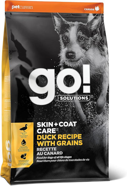 Go! Solutions Skin + Coat Care Duck Dry Dog Food with Grains, Chicken-Free, Healthy Kibble with Omega-3s & 6s for Soft, Shiny Fur, for Puppies, Adults, & Seniors, 22 lb Bag