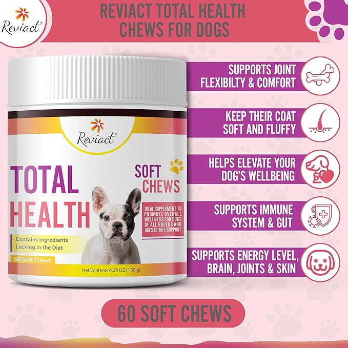 Total Health Dog Chews 12-in-1, Hip and Joint Supplement with Glucosamine Chondroitin for Dogs, Dog Multivitamin Treats with Omega 3 Salmon Oil and Vitamins for Skin and Coat Support, 60 Soft Chews