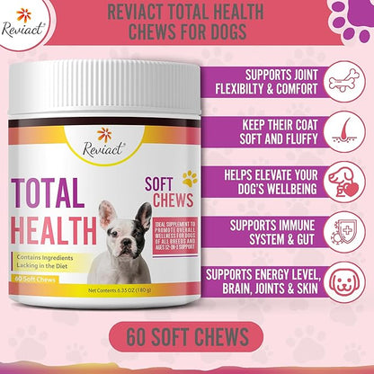 Total Health Dog Chews 12-in-1, Hip and Joint Supplement with Glucosamine Chondroitin for Dogs, Dog Multivitamin Treats with Omega 3 Salmon Oil and Vitamins for Skin and Coat Support, 60 Soft Chews