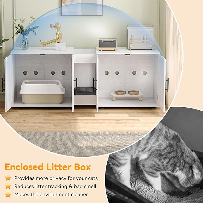 GAOMON Litter Box Enclosure with Double Cage, Cat House,Hidden Litter Box Enclosure Furniture for 2 Cats, Wooden Enclosed Cat Litter Box Furniture,55”L x 17.7”W x 22.5”H,White