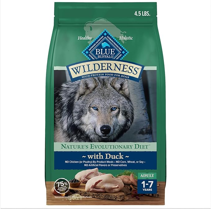 Blue Buffalo Wilderness Natural High-Protein Dry Food for Adult Dogs, with Wholesome Grains, Duck, 4.5-lb Bag