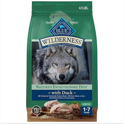 Blue Buffalo Wilderness Natural High-Protein Dry Food for Adult Dogs, with Wholesome Grains, Duck, 4.5-lb Bag