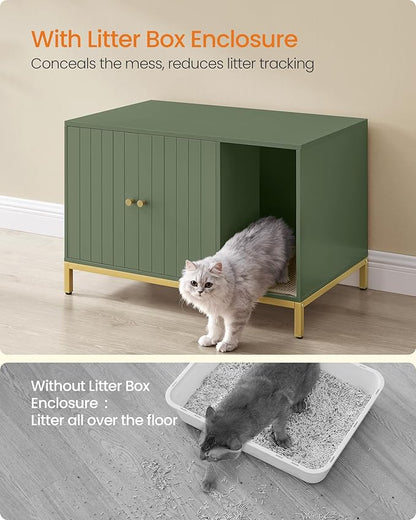 Feandrea Cat Litter Box Enclosure, Hidden Litter Box Furniture with Scratch Pad, Front Entry, Double Cabinet Doors, Modern Style, 31.5" Cat House Washroom Side End Table, Forest Green and Gold