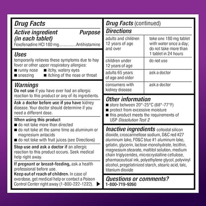 Amazon Basic Care All Day Indoor and Outdoor Allergy Relief, Fexofenadine Hydrochloride Geltabs, 180 mg, Antihistamine, Non-Drowsy, 24-Hour Relief for Sneezing, Runny Nose, Itchy Eyes, 60 Count