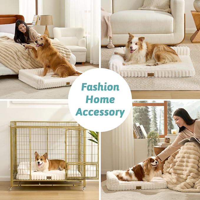 COZY KISS Cute Dog Bed, Faux Rabbit Fur Orthopedic Foam Dog Bed with Sides, Removable Washable Cover & Waterproof Lining, Comfortable Pet Couch for Small Dogs, Cream (30" L x 20" W x 6" Th)