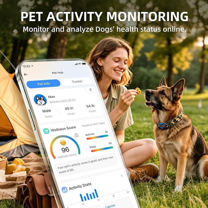 AI GPS Tracker for Dogs with 12 Month Subscription, Real-Time Location, Electronic Fence, Health Monitoring, Waterproof, for Medium Large Dogs, iOS Android
