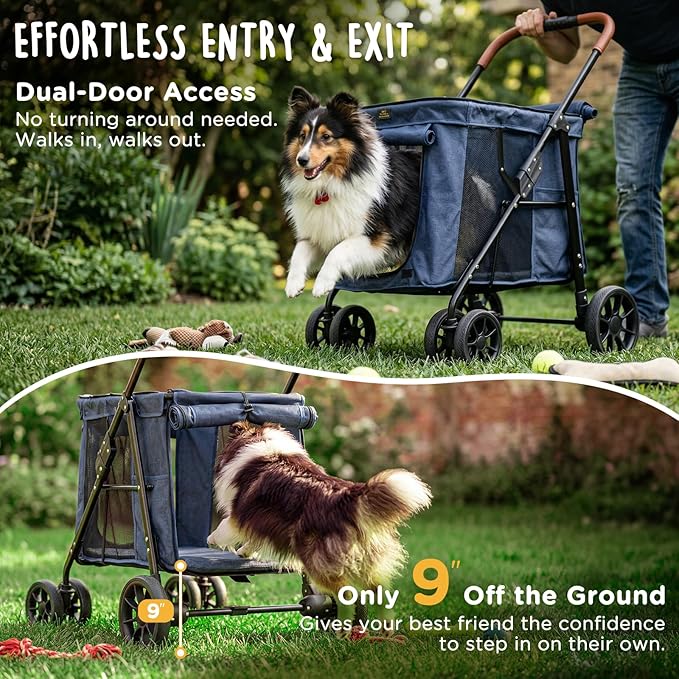 CANINE CANYON Scout Pet Stroller, Heavy Duty Dog Stroller for Small/Medium Dogs, Foldable Pet Stroller with All-Terrain Wheels, Breathable Mesh, Storage Pocket & Cup Holder, 55 lbs Capacity, Navy Blue