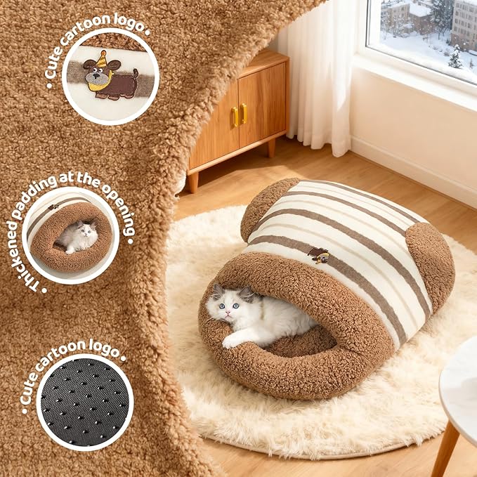 Jiupety Cat Sleeping Bag Cat Beds for Indoor Cats Self-Warming Dog Sleeping Bag Cozy Plush Portable Snuggle Sack Cat Bed Cave Machine Washable for Cats & Small Dogs,Brown Large