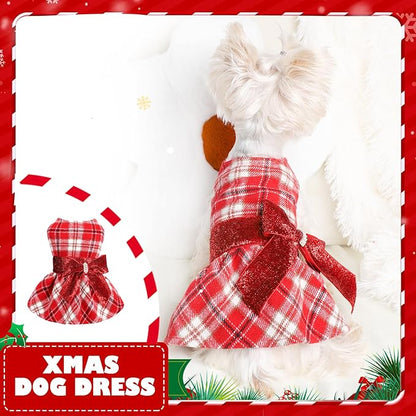 Yikeyo Dog Sweater Dress,Fleece Lining Plaid Dog Dress Sequins Bow-Knot Dog Clothes Girl Pet Clothes Sweater Coats Cat Outfits Red,Medium