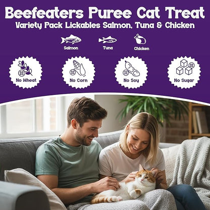 Beefeaters wet cat treats lickable 48 Count Puree Variety Pack - Salmon Tuna Chicken for Hydration & Training, Grain Free Taurine Enriched High Moisture, lickable cat treats squeeze up for Picky Eater
