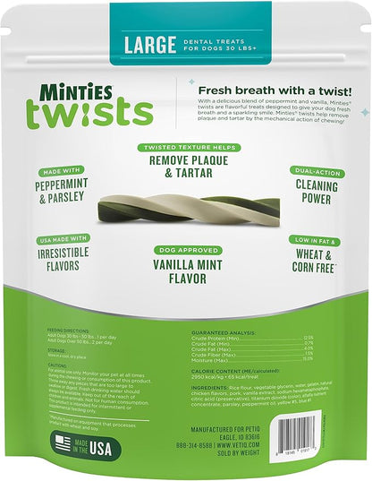 Minties Twists VetIQ Dog Dental Bone Treats, Dental Chews for Medium/Large Dogs (Over 40 Lbs), 20 Count