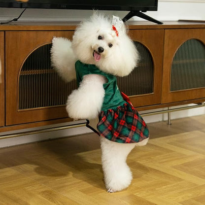 CuteBone Christmas Tree Dog Dress Velvet for Small Dogs Girl Puppy Dresses Green Plaid Dog Clothes CVA05XXS-D