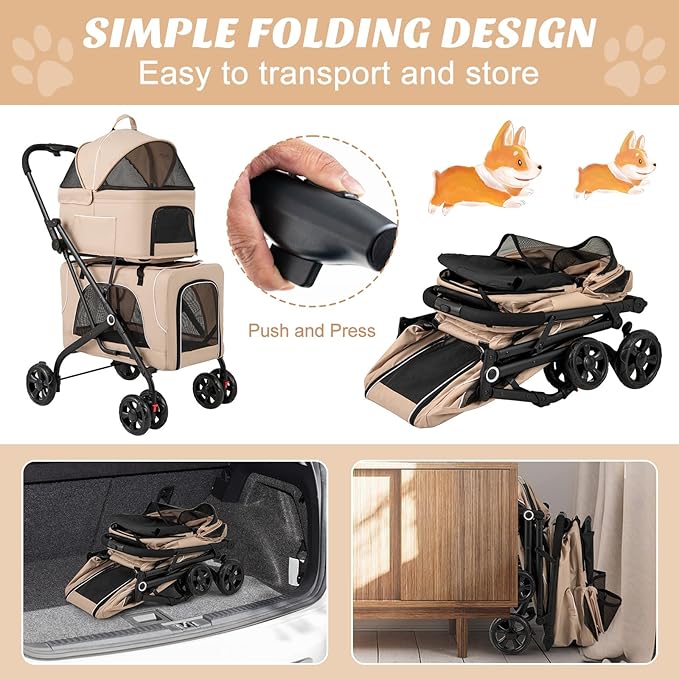 PETSITE Double Dog Stroller, Foldable 3-in-1 4 Wheels Cat Stroller with 2 Detachable Carriers, Safety Belt, Washable Cover, Removable Pads for Small Medium Dogs Cats (Beige)