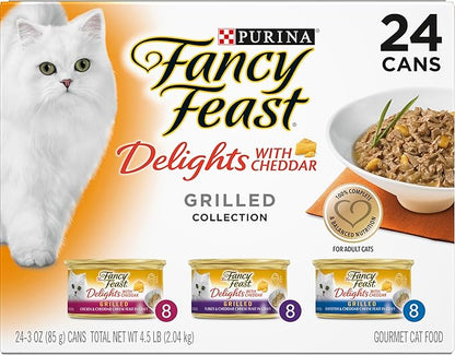 Purina Fancy Feast Delights with Cheddar Grilled Chicken, Turkey or Whitefish and Cheddar Cheese Feast in Gravy Wet Cat Food Variety Pack - (Pack of 24) 3 oz. Cans