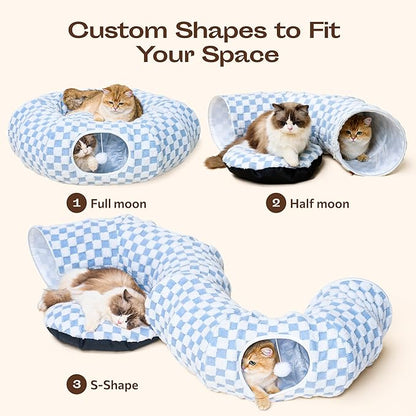 Meowfia Indoor Cat Tunnel with Donut Bed - Large Flexible Play Space for Multiple Pets - Circle or Snake Shape, Cozy Lounge (Azure Check)