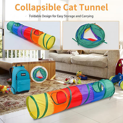 iCAGY 25 Pcs Cat Toys for Cats, Indoor Kittens - Interactive Variety Pack, 45 inches Rainbow Cat Tunnel, Feather Teaser, Feather Golf, Mice, Springs, Balls, Noise Toys - Rainbow/Colorful 45"