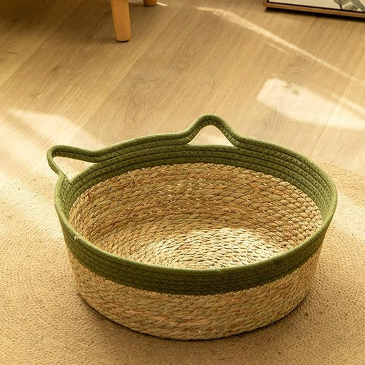 A cat Basket Woven from Cattail, Integrated cat Bed with cat Litter and Scratching Board, Foldable Sleeping Basket for Cats, Dogs, Rabbits, and Small Pets