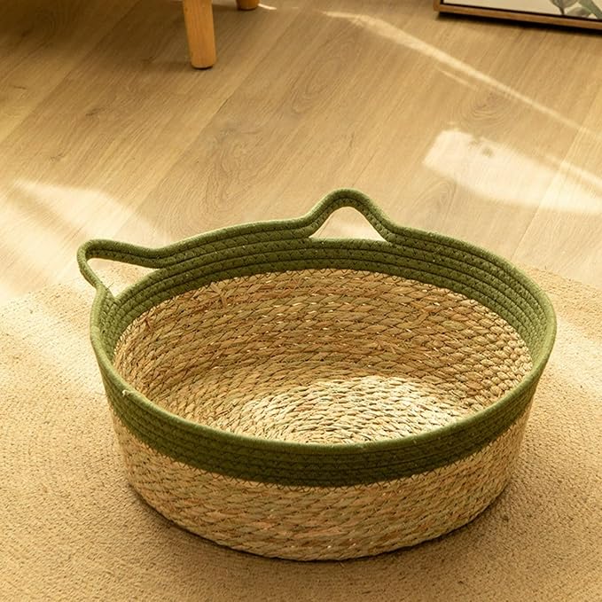 A cat Basket Woven from Cattail, Integrated cat Bed with cat Litter and Scratching Board, Foldable Sleeping Basket for Cats, Dogs, Rabbits, and Small Pets