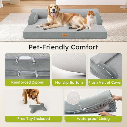 CWAWZ Large Orthopedic Dog Bed, Pet Bed Large Size Dog, Dual-Sided Cooling Beds with Memory Foam Washable Cover Nonslip Bottom, Waterproof Pet Beds with Bolsters, Light Grey