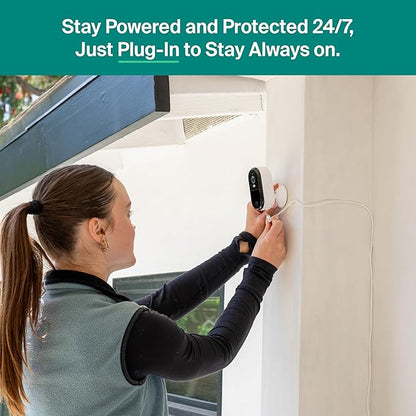 Arlo Essential Security Camera 2K (2025 Release) + 6 Months of Secure Plus Plan - Continuous Wired Plug-in Power Outdoor Camera, Person Recognition, Package Detection, Animated Preview, 1 Cam, White