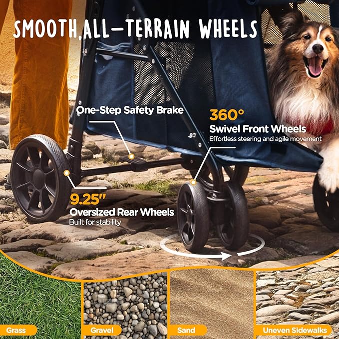 CANINE CANYON Scout Pet Stroller, Heavy Duty Dog Stroller for Small/Medium Dogs, Foldable Pet Stroller with All-Terrain Wheels, Breathable Mesh, Storage Pocket & Cup Holder, 55 lbs Capacity, Navy Blue