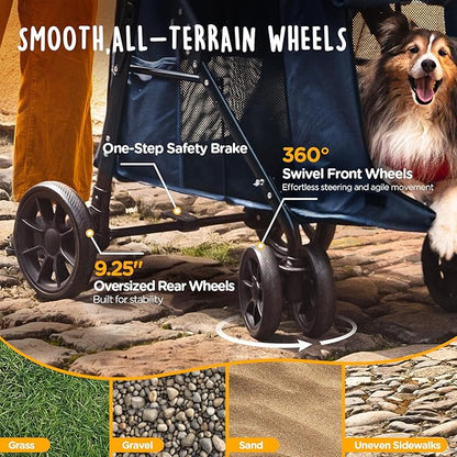 CANINE CANYON Scout Pet Stroller, Heavy Duty Dog Stroller for Small/Medium Dogs, Foldable Pet Stroller with All-Terrain Wheels, Breathable Mesh, Storage Pocket & Cup Holder, 55 lbs Capacity, Navy Blue