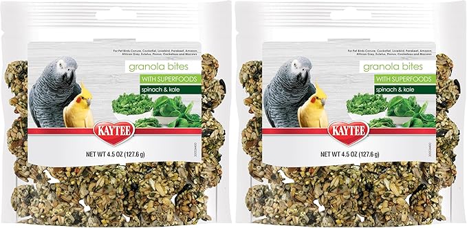 Kaytee Granola Bites with Super Foods Spinach and Kale for Pet Birds, Conure, Cockatiel, Lovebird, Parakeet, Amazon, African Grey, Ecletus, Pionus, Cockatoos and Macaws, 4.50 Ounce (Pack of 2)