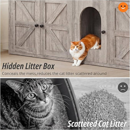 IRONCK Cat Litter Box Enclosure for 2 Cats, Litter Box Furniture Hidden with Double Room and Large Storage Space, Wooden Washroom Furniture, Cat House, Greige