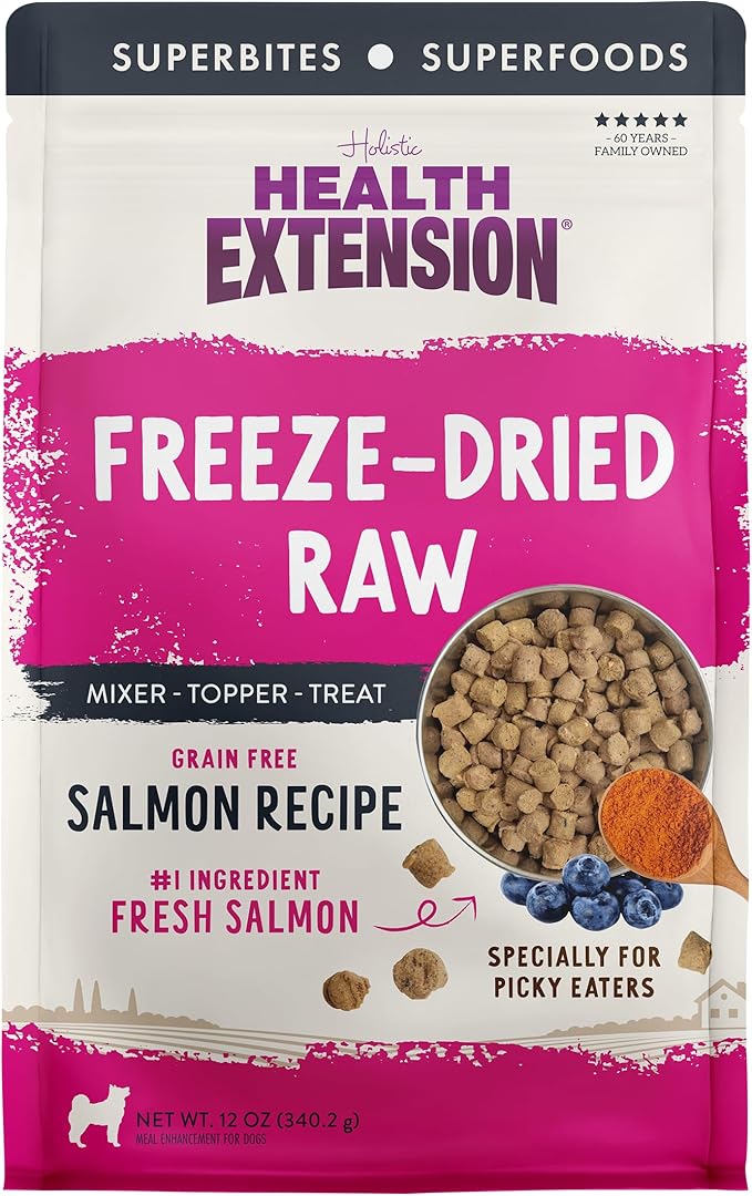 Health Extension SuperBites Freeze-Dried Raw Salmon Meal Mixer for Dogs, (12oz, 340.2 g) – Premium Blend with Raw Proteins and Superfoods for Optimal Nutrition