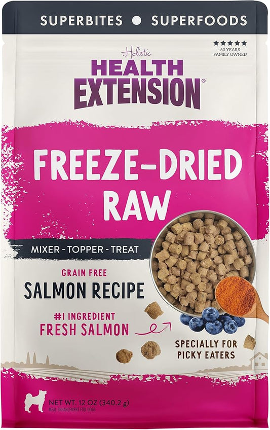 Health Extension SuperBites Freeze-Dried Raw Salmon Meal Mixer for Dogs, (12oz, 340.2 g) – Premium Blend with Raw Proteins and Superfoods for Optimal Nutrition