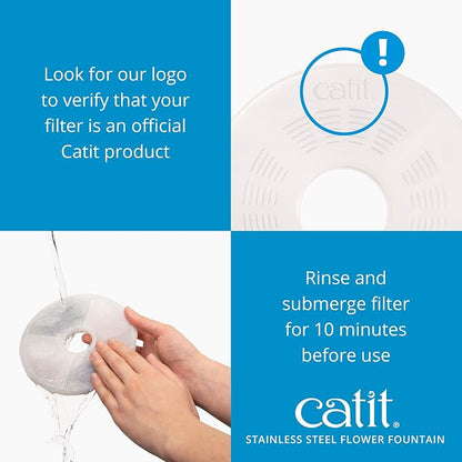 Catit Stainless Steel Flower Fountain with Triple Action Filter, Cat Drinking Water Fountain, 3 L (Pack of 6)