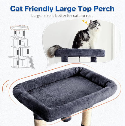 ABCPET Cat Tree Tower 63in Multi-Level Cat Tower for Indoor Cats with Sisal Scratching Posts, Condo, Hammock, Dangling Ball and Extended Platform for Cats to Play, Dark Grey