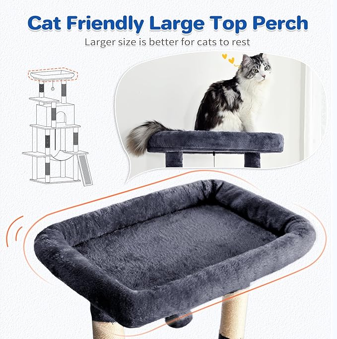 ABCPET Cat Tree Tower 63in Multi-Level Cat Tower for Indoor Cats with Sisal Scratching Posts, Condo, Hammock, Dangling Ball and Extended Platform for Cats to Play, Grey