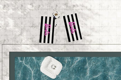 Barbie Barbiecore Black & White Striped Soft Cotton Bath/Pool/Beach Towel, 60 in x 30 in, (Official Licensed Barbie Product) by Franco