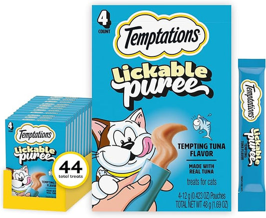 Temptations Creamy Puree Squeezable Lickable Cat Treats, Wet Cat Treats with Tuna, 0.42 oz. Tubes, 4 Count, Pack of 11 (44 Total)