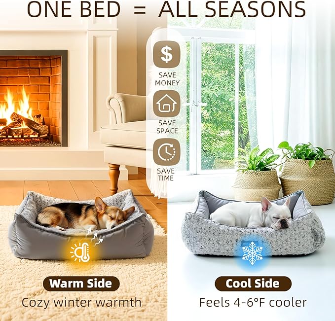 Mora Pets Reversible Dog Bed for Small Medium Dogs Large Cat Bed Washable - Cool & Warm 2-in-1 Anti Anxiety Calming Pet Bed for Summer, Rectangle Puppy Bed with Fluffy Grey Rose (25''x21''x7'')