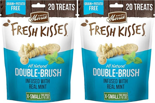 Merrick Fresh Kisses Natural Dental Chews Toothbrush Treat Shape Infused with Real Mint for Tiny Dogs 5-15 Lbs - 20 ct. Bag (Pack of 2)